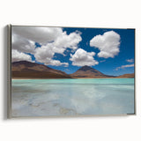 Landscape art painting of a Bolivian scenery on a framed canvas, featuring vibrant colors against a black background.