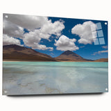 Large abstract wall art depicting a Bolivian scenery in muted earth tones on acrylic glass.