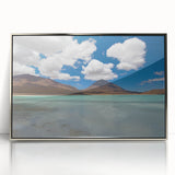 Mid-century modernist art depicting a Bolivian landscape in acrylic, with silver frame, ideal for modern art wall decor.