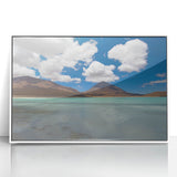 Art deco poster of a Bolivian landscape in soft pastel shades, framed in white acrylic, suitable for nursery wall art.