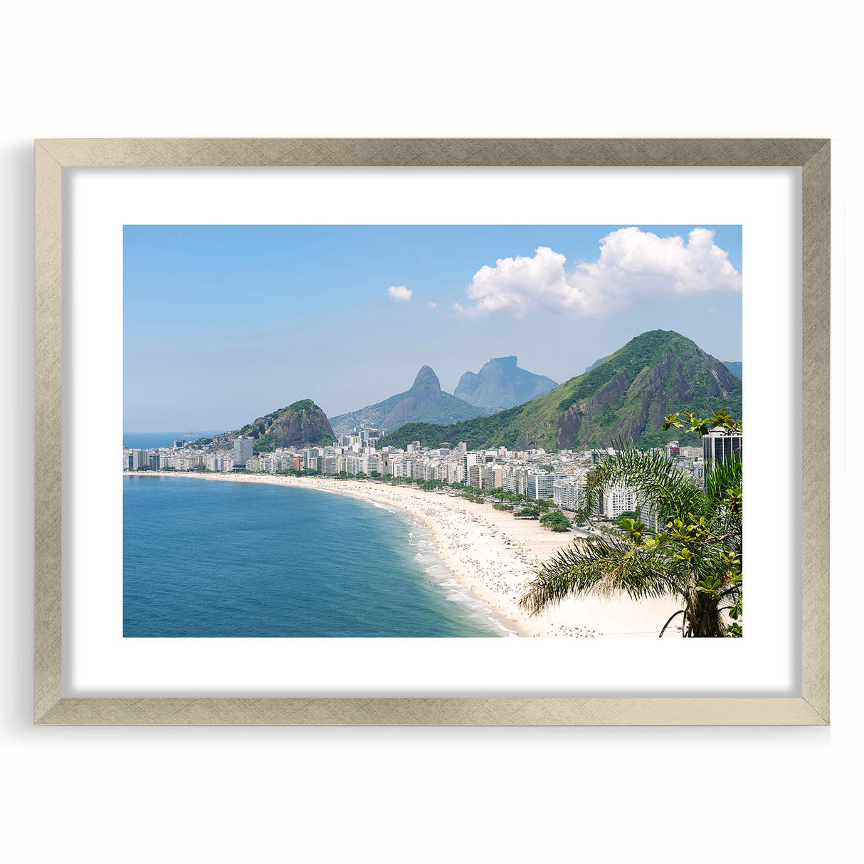 Textured abstract art print of a Brazilian landscape in muted earth tones, framed in silver, ideal for bedroom art.