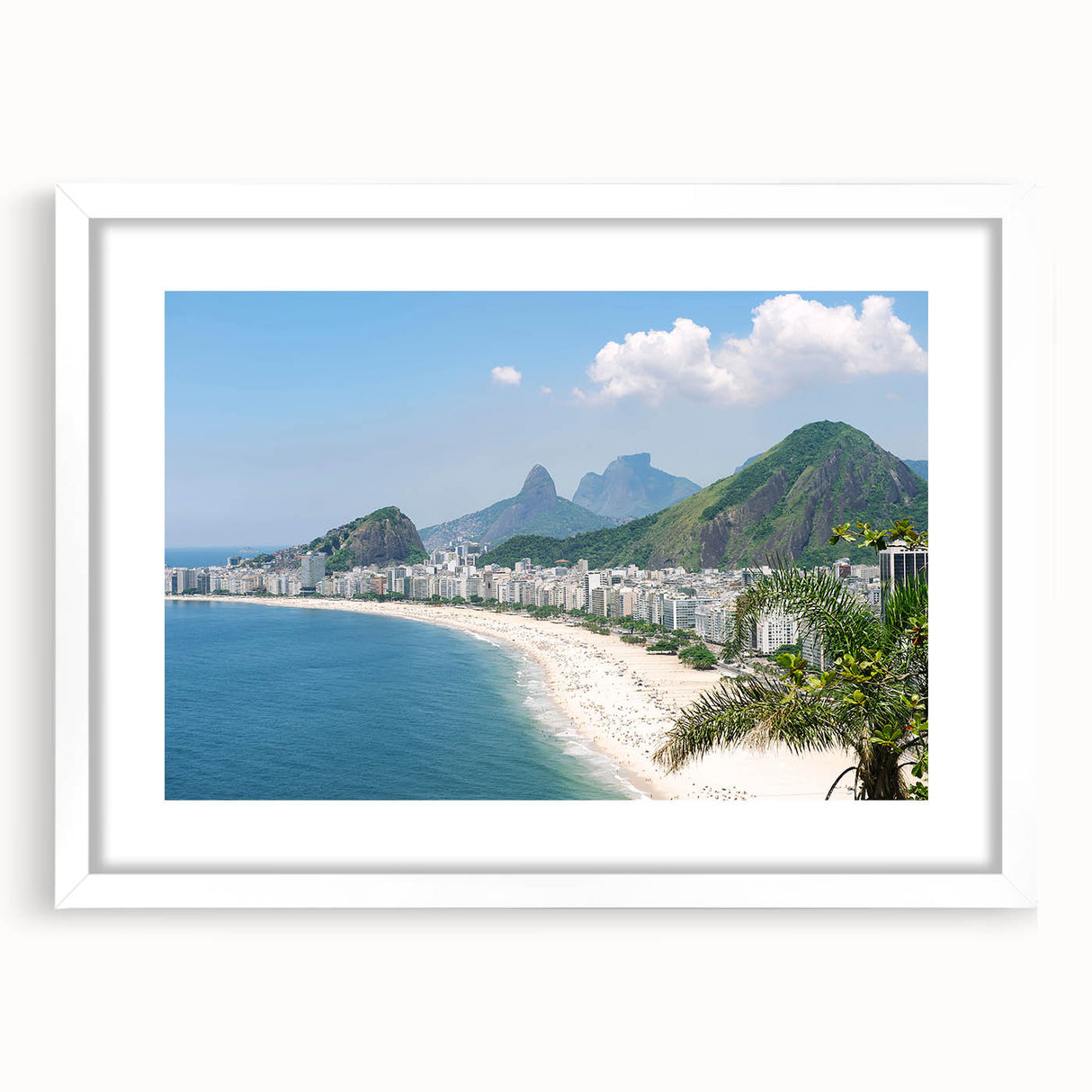 Abstract art print of a stylized Brazilian landscape in vibrant green and blue tones, framed with a white mat.