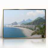 Large art print of a mid-century modernist Brazilian landscape in gold acrylic frame, suitable for modern decor.