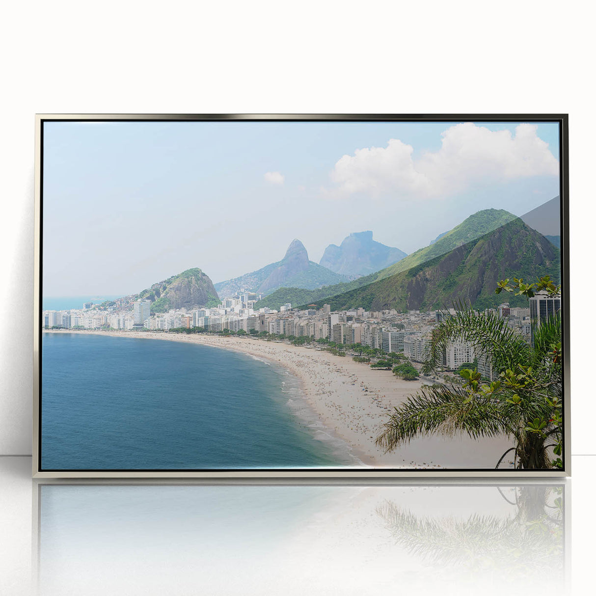 Mid-century modernist art depicting a scenic Brazilian landscape on a silver-framed acrylic print.