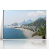 Acrylic print of a stylized Rio de Janeiro landscape in art deco style, using pale blues and greens.