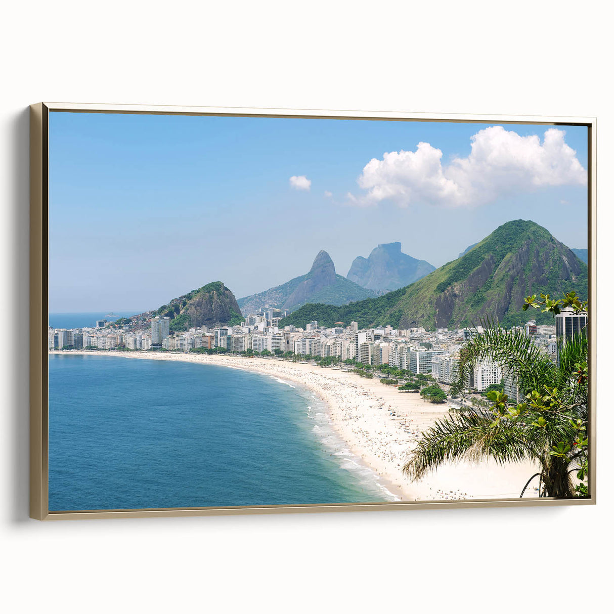 Framed canvas featuring a vintage-style landscape of a Brazilian scene in gold and black tones, ideal for bedroom wall art.