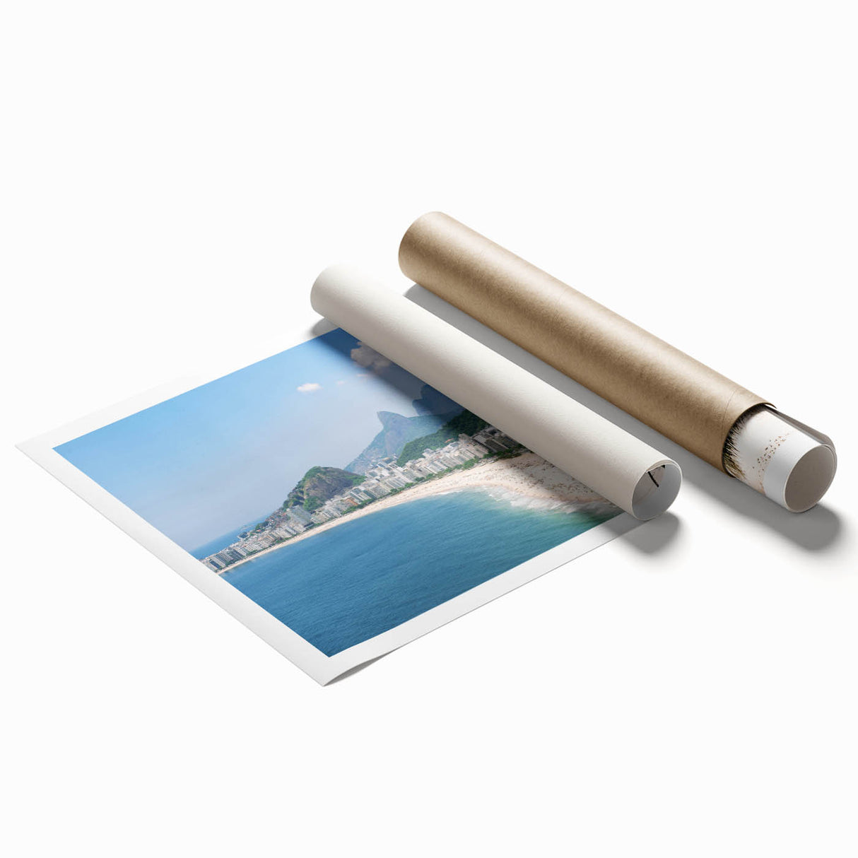Extra large rolled print of a Brazilian landscape with vibrant green and blue tones, ideal for classy bathroom wall art.