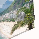 Large abstract wall art featuring a mid-century modernist Brazilian landscape in vibrant earth tones on acrylic glass.