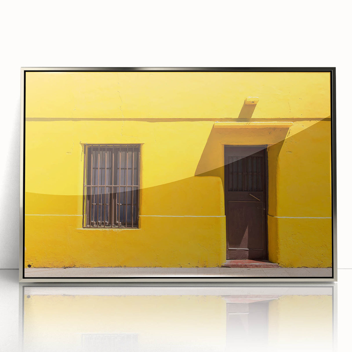 Mid-century modernist art depicting Santiago skyline in muted earth tones on a silver-framed acrylic print.