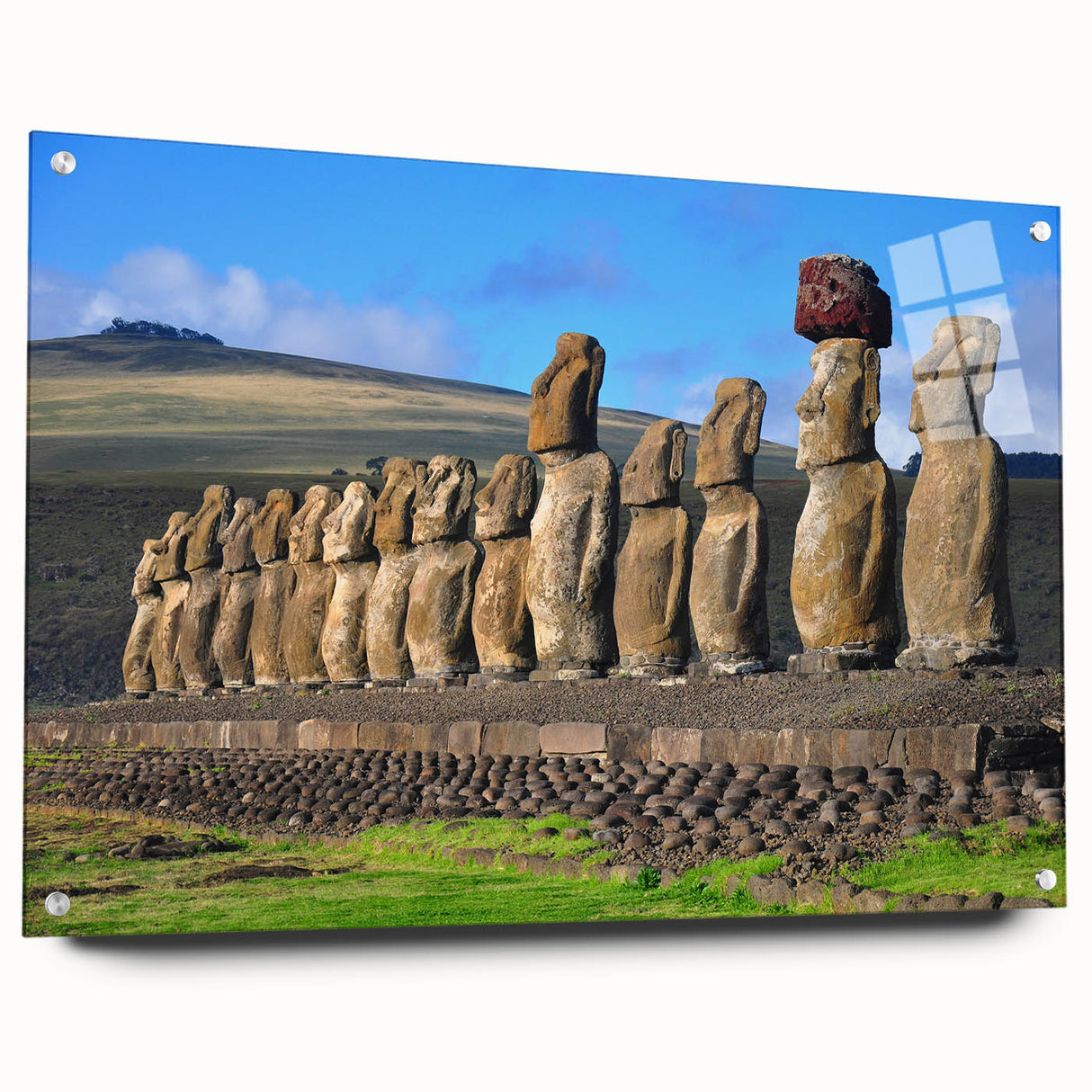 Acrylic print of a large abstract depiction of a South American scenery, with a spectrum of blue and green tones.