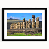 Abstract art print of a colorful, textured scenery in South America on a large framed black mat, ideal for living room decor.