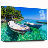 Acrylic print of a large abstract depiction of a South American scenery, using vibrant blue and green tones.