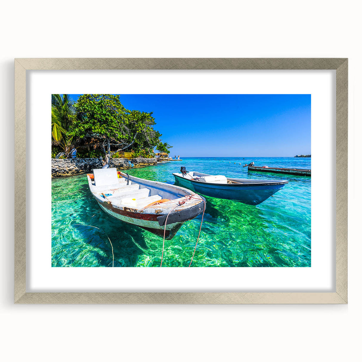 Textured abstract art print of a South American scenery in muted earth tones, framed with a silver mat.