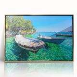 Large art print of a serene Colombian landscape in soft earth tones, framed in gold acrylic.