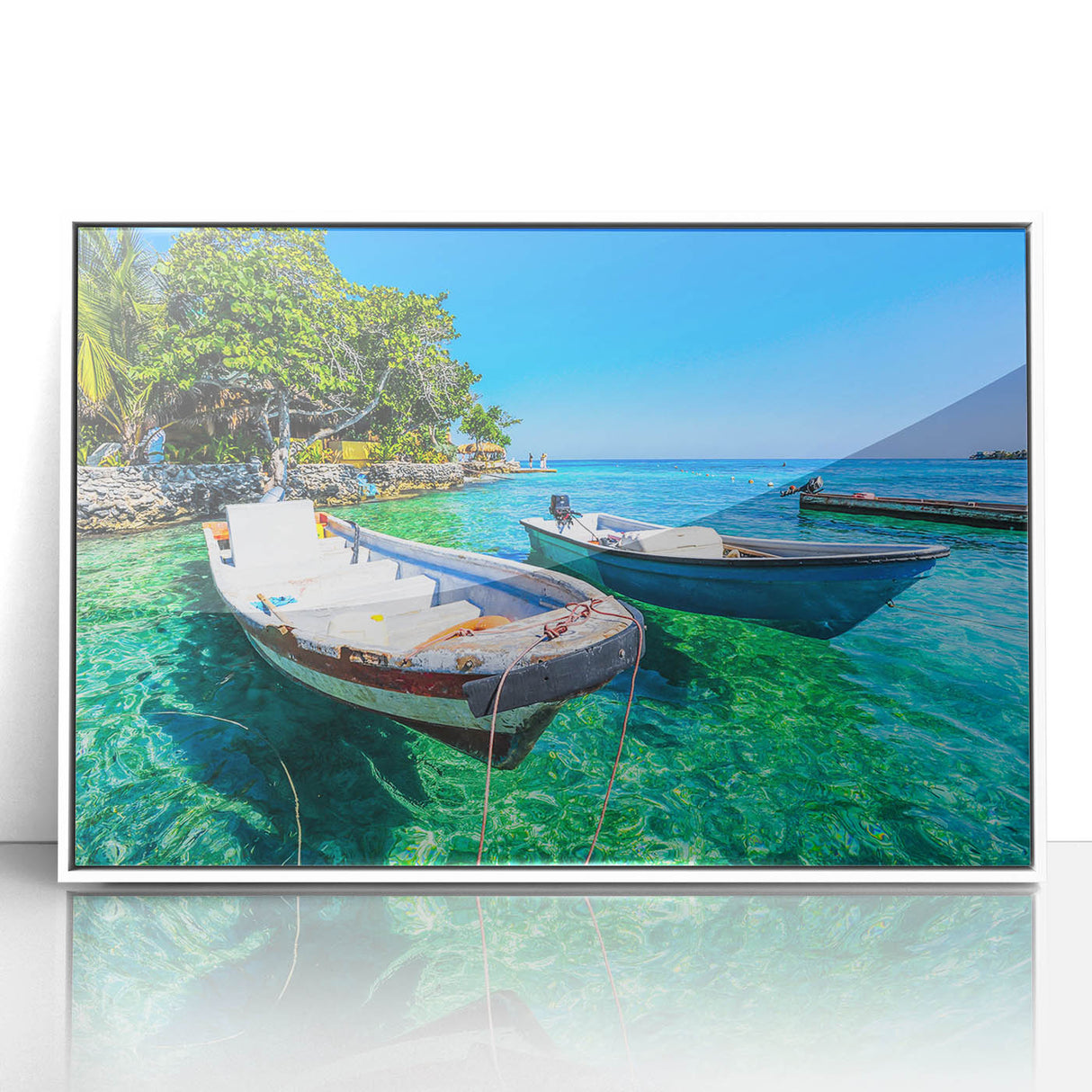 Art deco poster of a Colombian landscape in pastel shades, acrylic print in a white frame, suitable for nursery wall art.