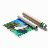 Extra large rolled print of a vibrant Colombian landscape with lush floral elements, ideal for classy bathroom wall art.