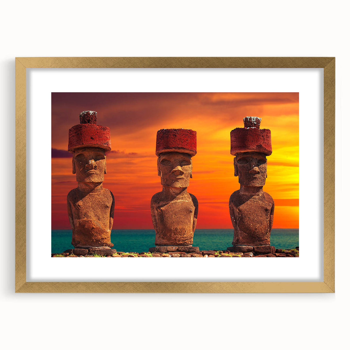 Extra large wall art depicting abstract Easter Island scenery in textured gold frame, ideal for living room decor.