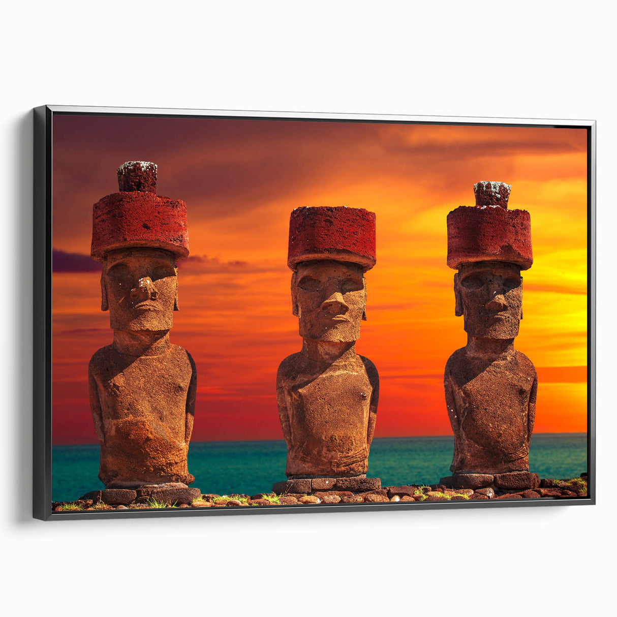 Framed canvas of a black and white Easter Island landscape, ideal for bedroom wall decor.