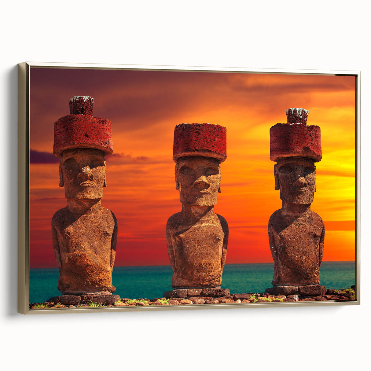 Framed canvas wall art depicting Easter Island statues in black and gold tones, ideal for bedroom decor.