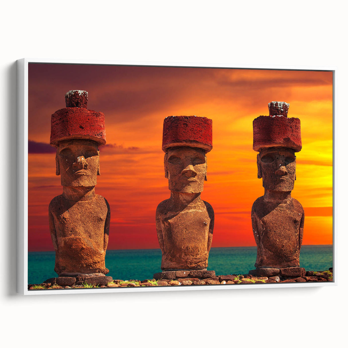 Vintage poster art of Easter Island statues on framed canvas, featuring a black and colorful palette.