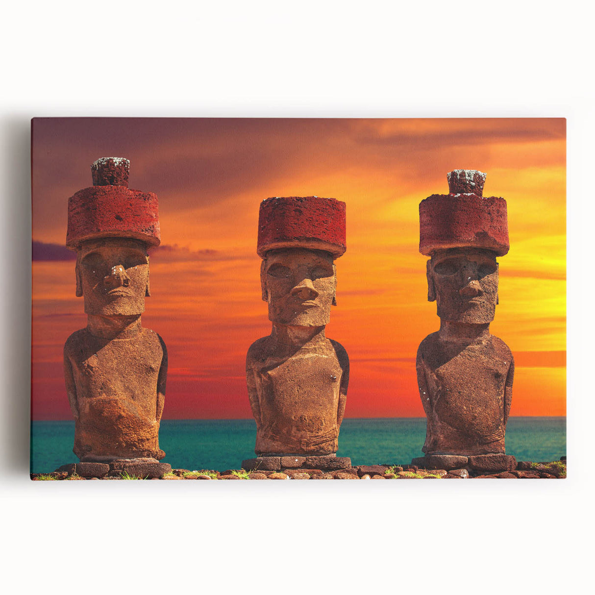 Black and white print of Easter Island statues on stretched canvas, ideal for kitchen wall art.
