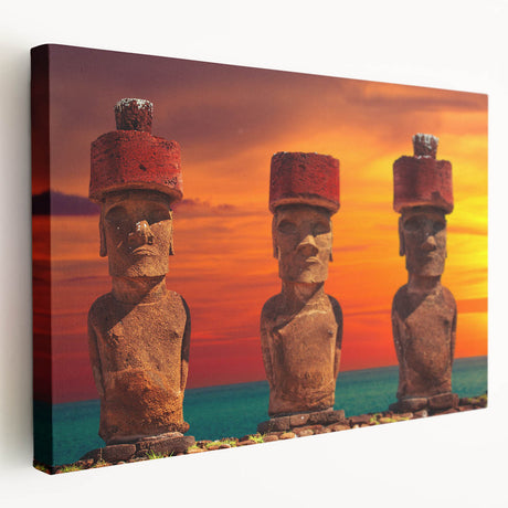 Large art print of Easter Island statues in muted earth tones on stretched canvas, ideal for kitchen wall decor.