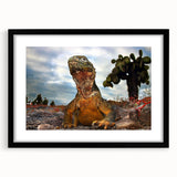 Colorful abstract art print of a Galapagos scenery in vibrant hues on a large framed canvas, ideal for living room decor.