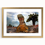 Extra large abstract art print of a Galapagos scenery in muted earth tones, framed in gold, ideal for living room decor.