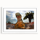 Abstract art print of Galapagos scenery in muted earth tones, framed with a white mat.