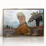 Mid-century modernist acrylic print of Galapagos scenery in earth tones, ideal for modern art wall decor.