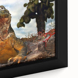 Close-up of black wall art featuring a textured, colorful depiction of the Galapagos scenery on a framed canvas.