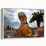 Vintage poster art of Galapagos scenery on a large framed canvas with vibrant colors, suitable for living room decor.