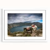 Abstract art print of Ecuadorian scenery in muted earth tones, framed with a white mat.