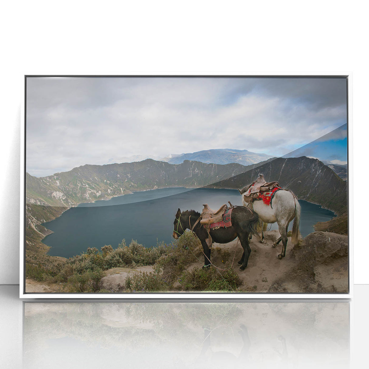 Acrylic print of Ecuador scenery with lush greens and soft blues in an art deco style, ideal for modern nursery wall art.