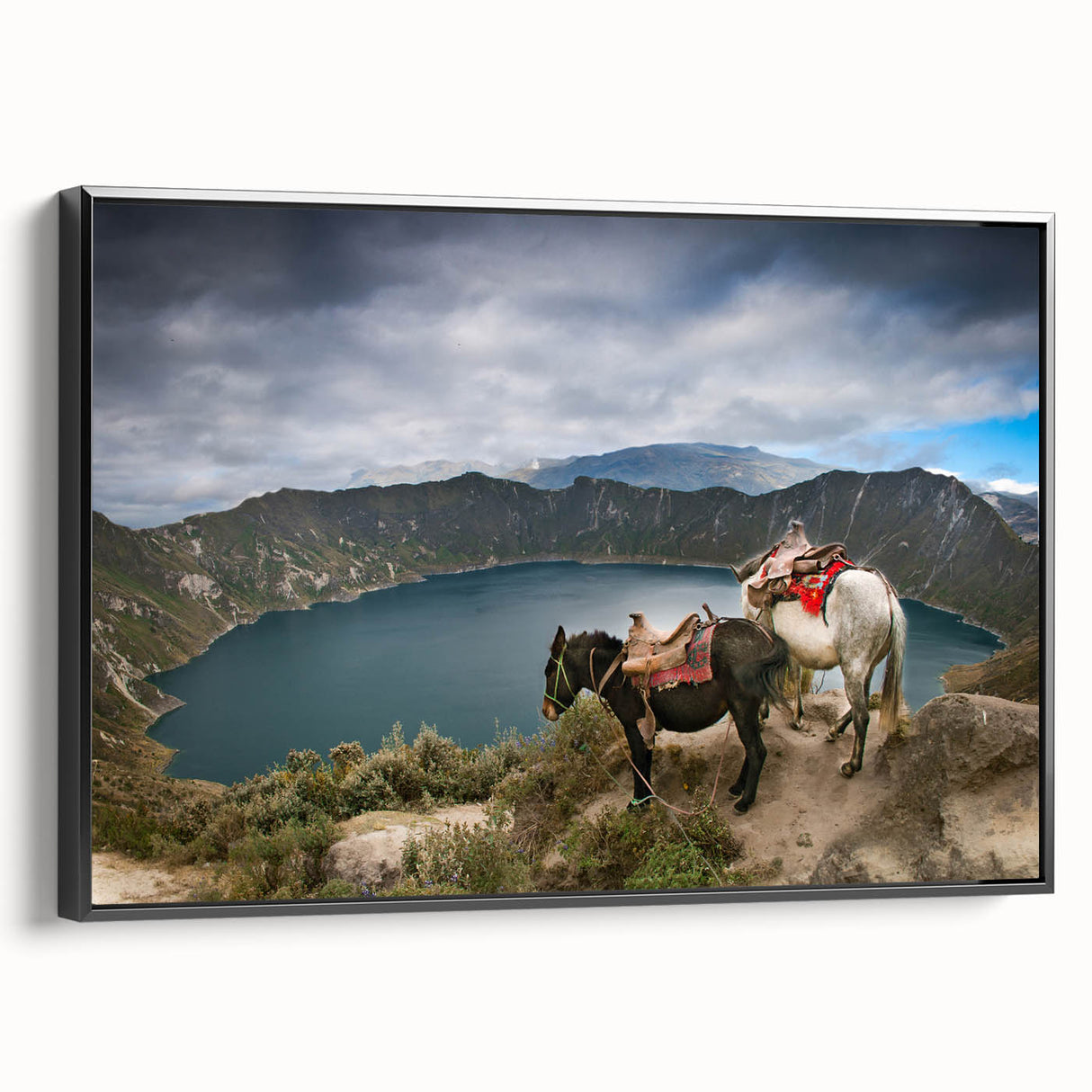 Black and white framed canvas of a vintage Ecuador landscape, ideal for bedroom wall art.