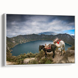 Vintage poster art of Ecuadorian scenery on a large framed canvas with a white border, featuring vibrant colors.