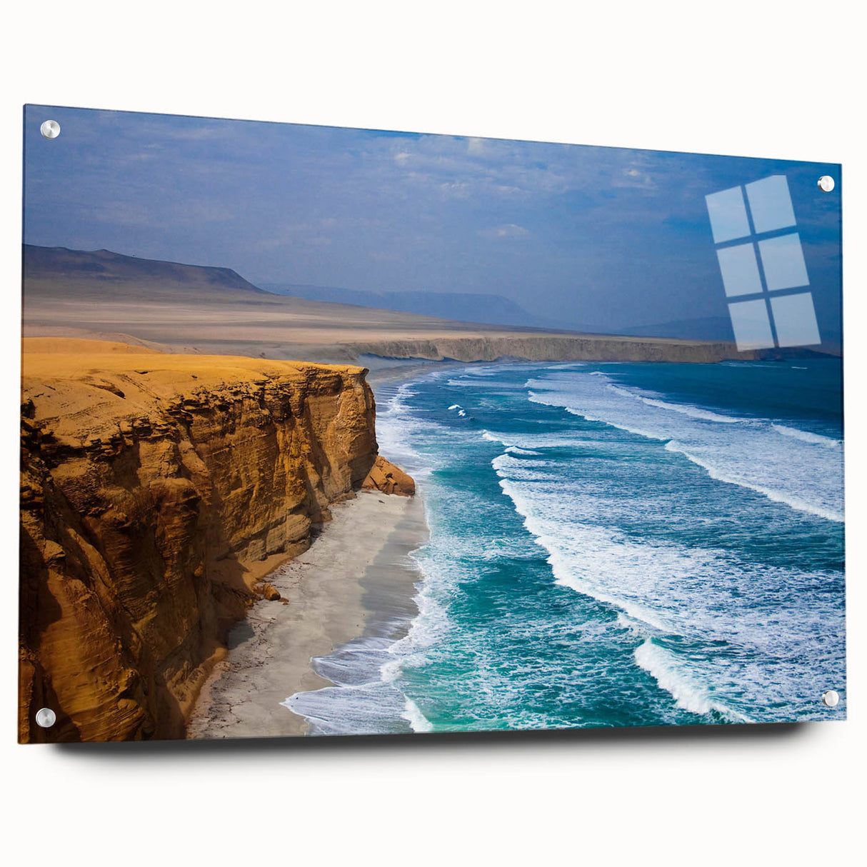 Acrylic print of a large abstract depiction of a South American scenery, featuring earthy tones.