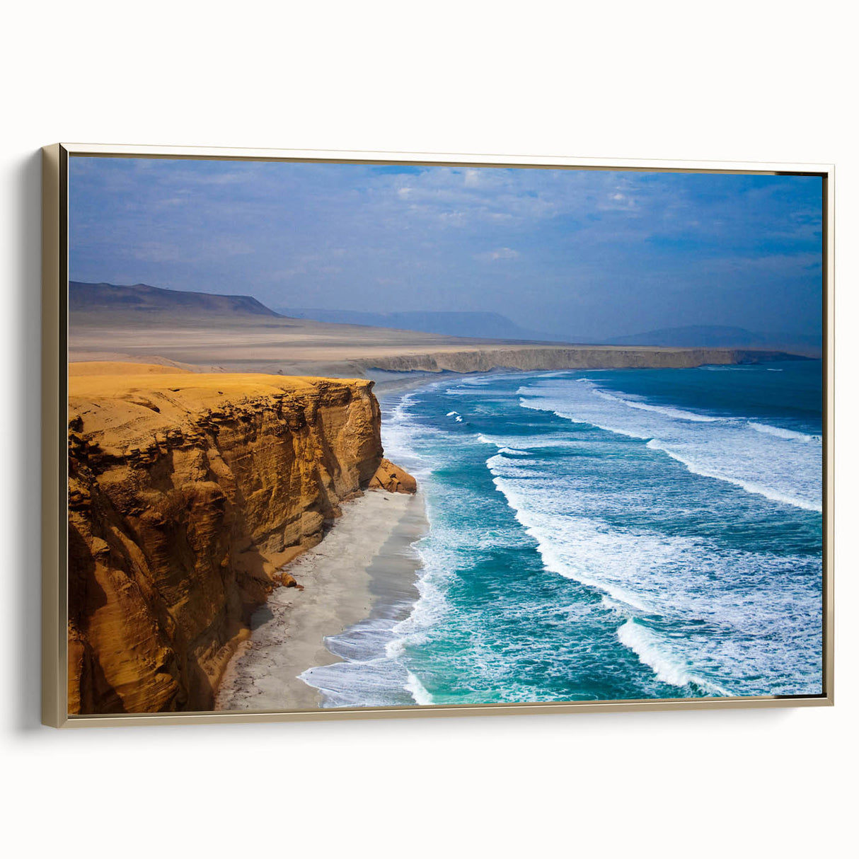 Framed canvas featuring a vintage-style landscape painting of a Peruvian scenery in black and gold tones.
