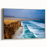 Framed canvas landscape art painting depicting a colorful Peruvian scenery, ideal for enhancing a living room's ambiance.