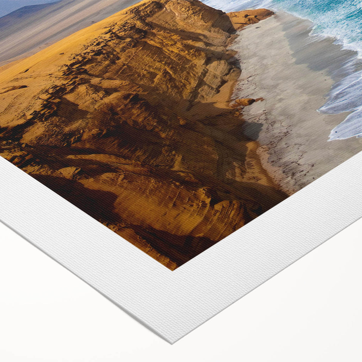 Art deco poster featuring a stylized South American landscape in muted earth tones on rolled canvas.
