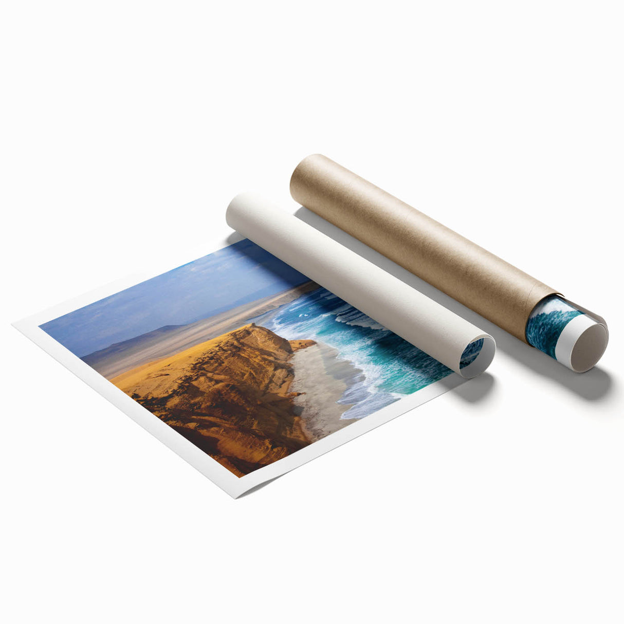 Extra large rolled print of a Peruvian landscape, featuring lush greenery and mountains, in earthy green and brown tones.
