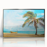 Mid-century modernist art depicting a serene Venezuelan landscape in muted earth tones, framed in acrylic.