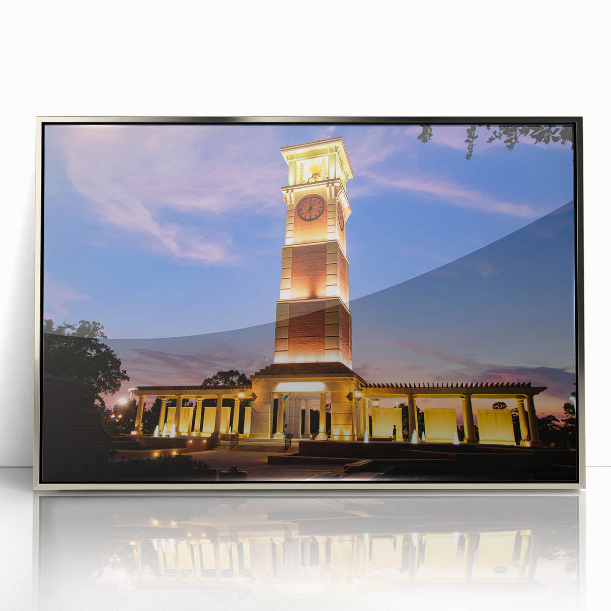 Mid-century modernist art depicting Alabama scenery in muted earth tones on a silver-framed acrylic print.