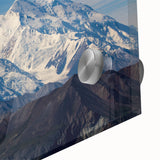 Large abstract depiction of Denali, Alaska in muted earth tones on acrylic glass, ideal for dining room art.