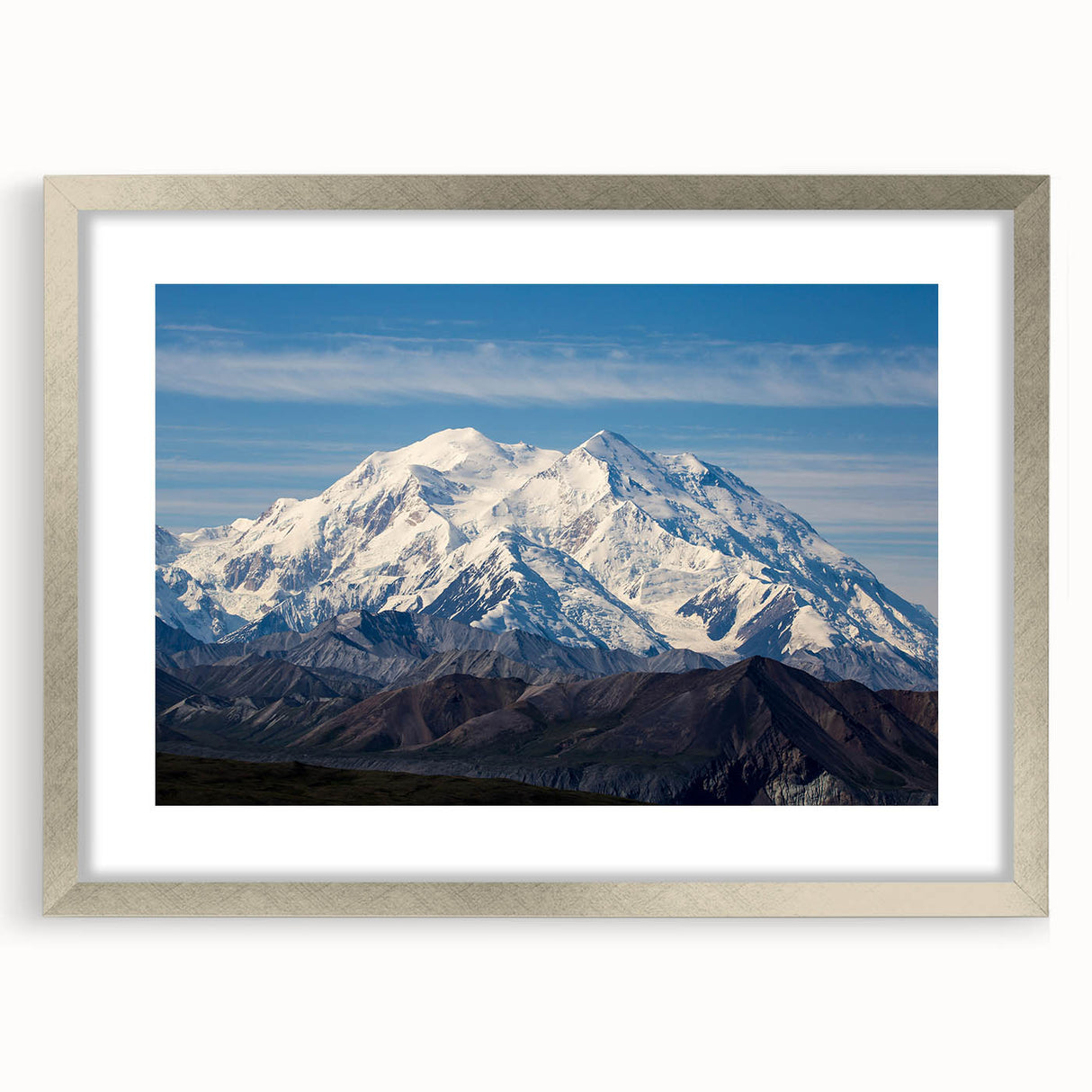 Textured art of Denali, Alaska in abstract style with cool gray and blue tones on a framed silver mat, ideal for bedroom art.