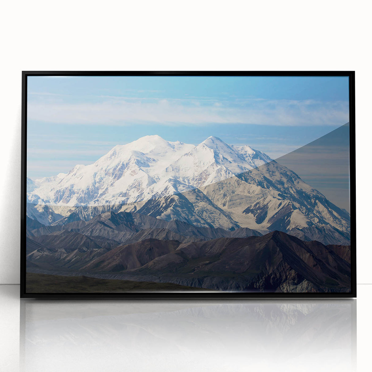 Large abstract wall art of Denali, Alaska in muted earth tones on a framed acrylic, suited for modern living room decor.