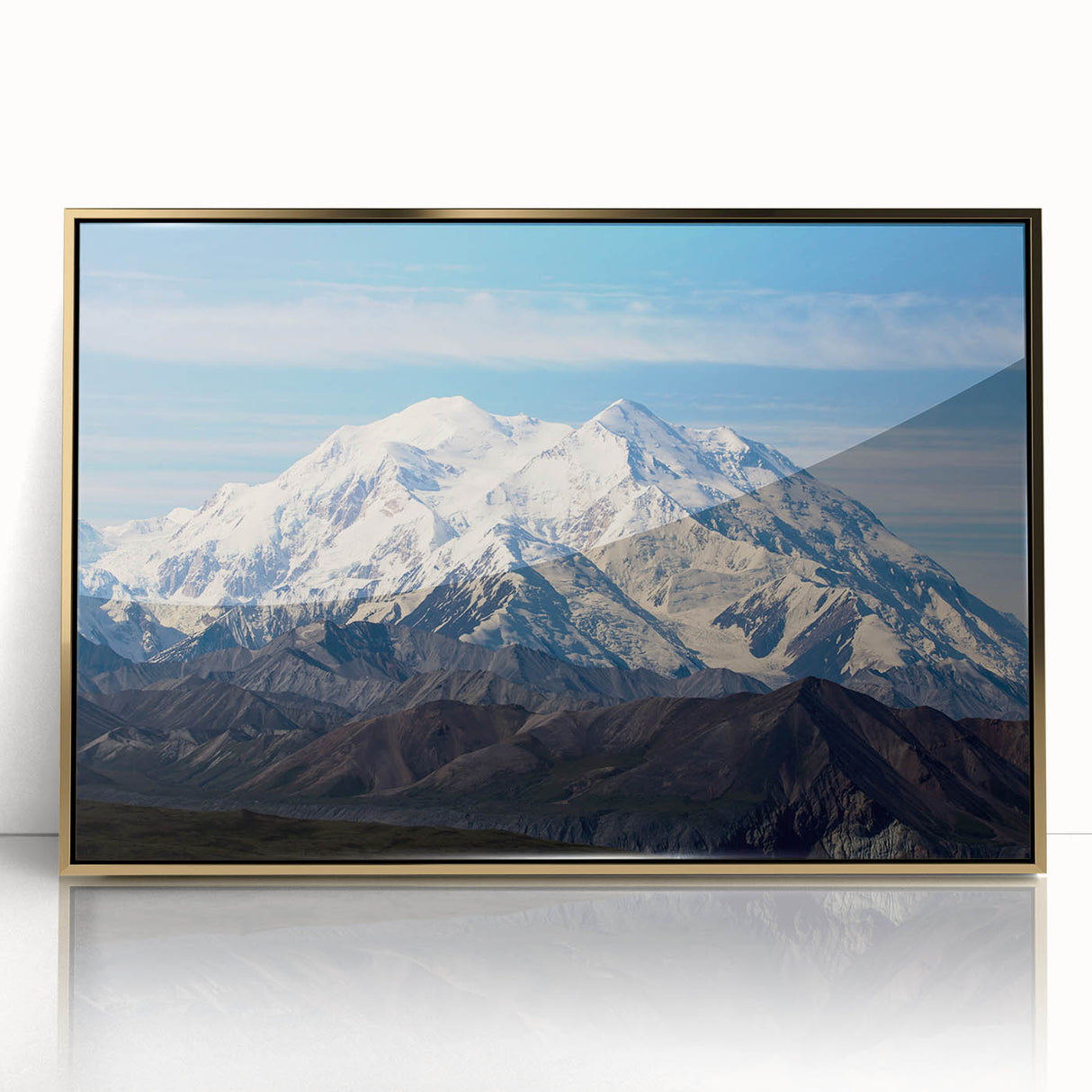 Large art print of Denali National Park in muted earth tones, framed in gold acrylic, suitable for modern art wall decor.