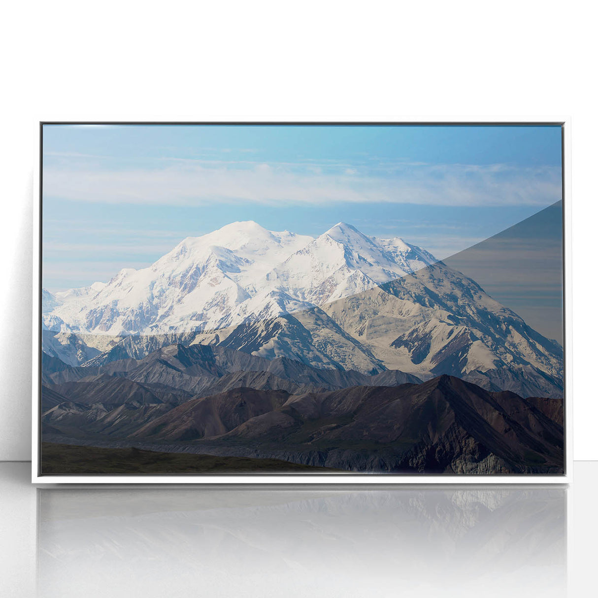 Acrylic print of Denali, Alaska with soft blue and white tones in an art deco style, suitable for modern nursery decor.
