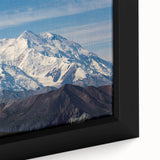 Extra large framed canvas featuring a textured depiction of Denali, Alaska in black with colorful art accents.