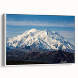 Vintage poster art of Denali, Alaska on extra large framed canvas, featuring colorful art against a black background.